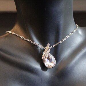 Silver Tone Teardrop Glass Crystal Rhinestone Pendant Necklace